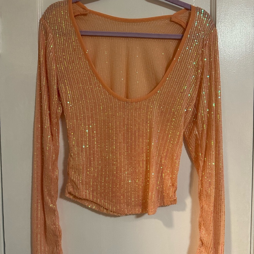 Free People Shimmering Coral Peach Long Sleeve Blouse